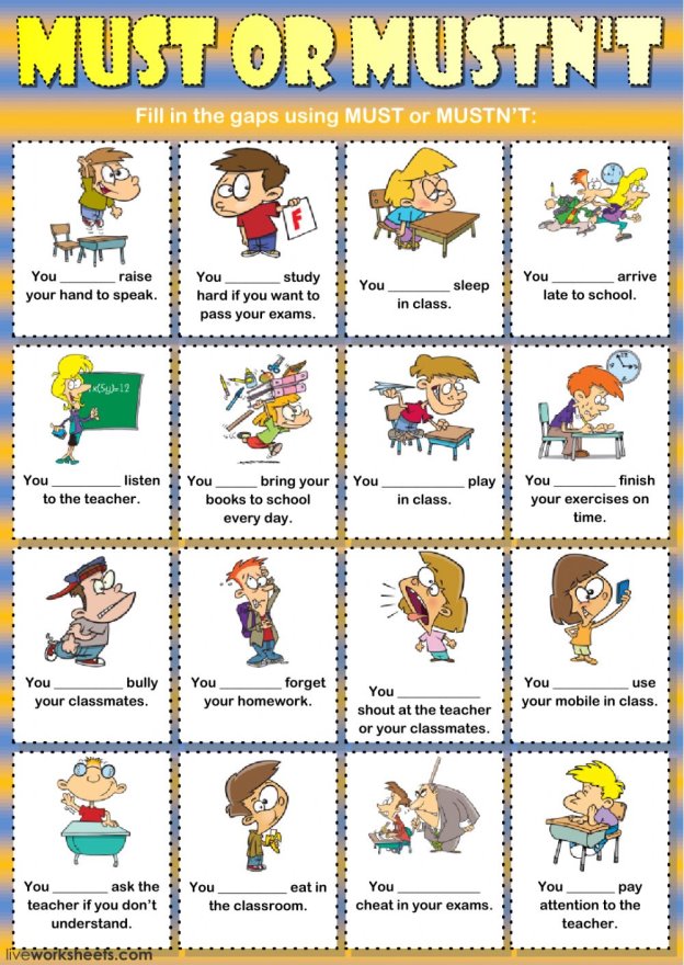Must or mustn&#39;t (classroom rules) worksheet